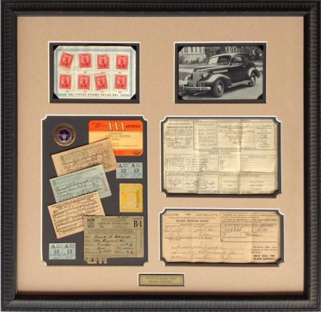 Multi-opening collage mat for WWII items with engraved plate