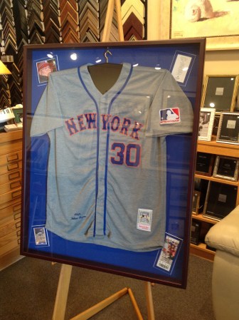 Mets Jersey framed with photo, game ticket, baseball card and funeral card