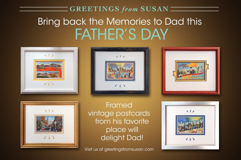 Framed vintage postcards for Father's Day.