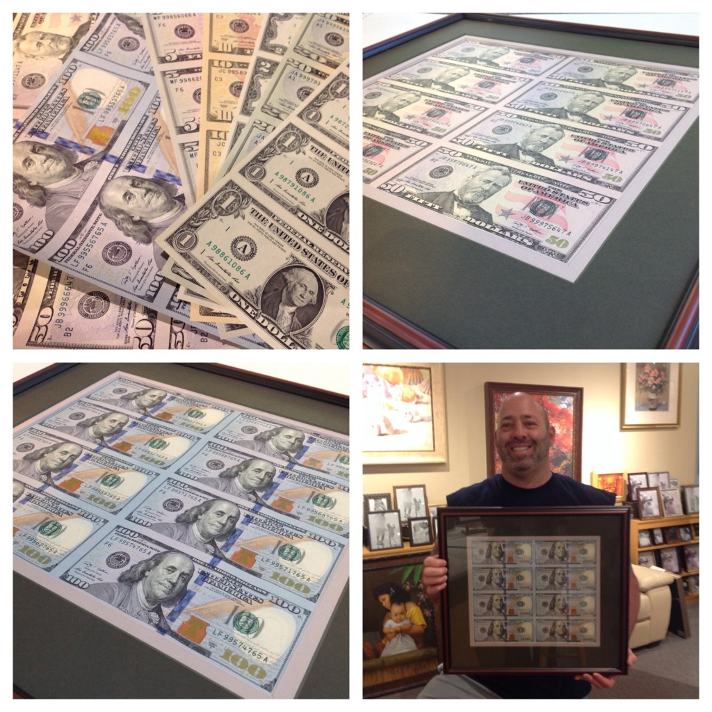 Framed money at Whispering Woods Gallery