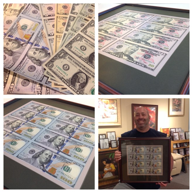 Framed money at Whispering Woods Gallery