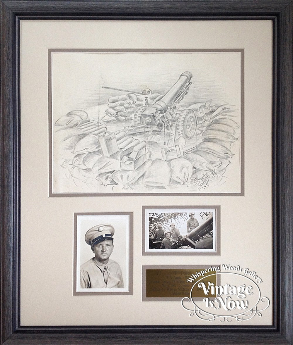 WWII custom framed sketch with photos