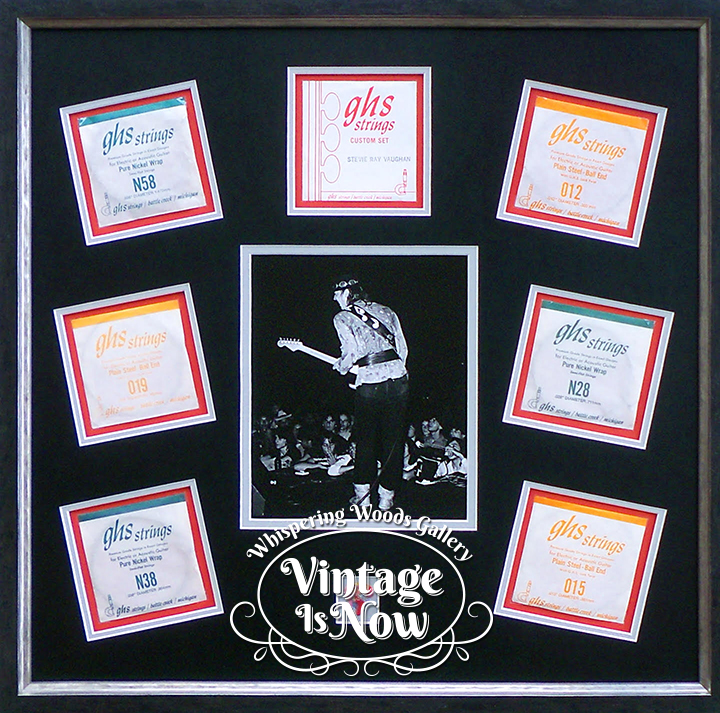 Custom Framed Stevie Ray Vaughan photo, guitar strings and pick