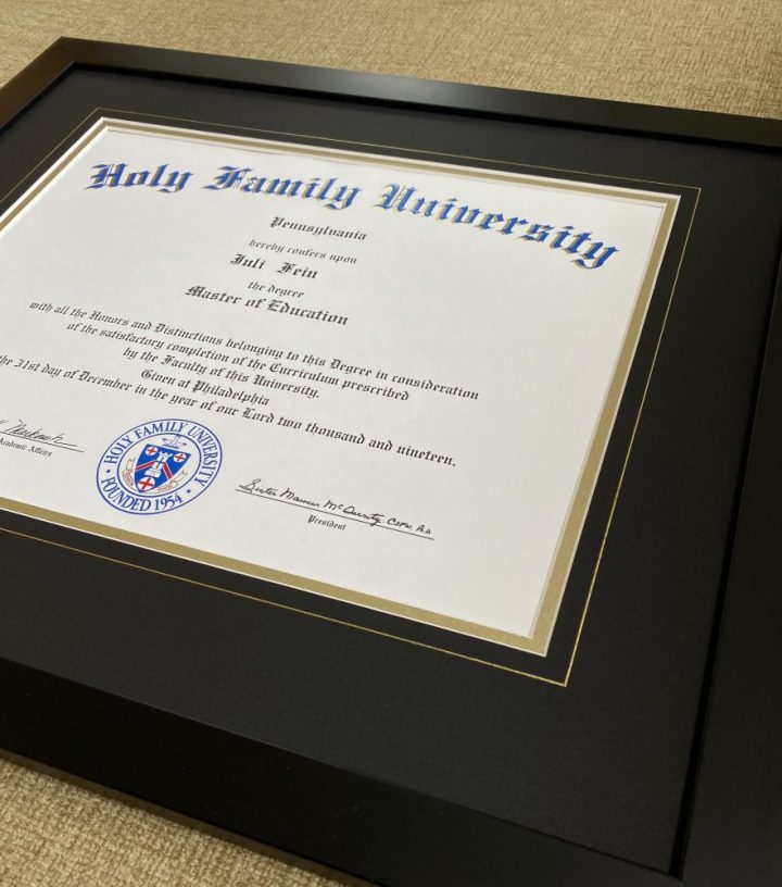 Holy Family custom framed diploma at Whispering Woods Gallery Holland Pa
