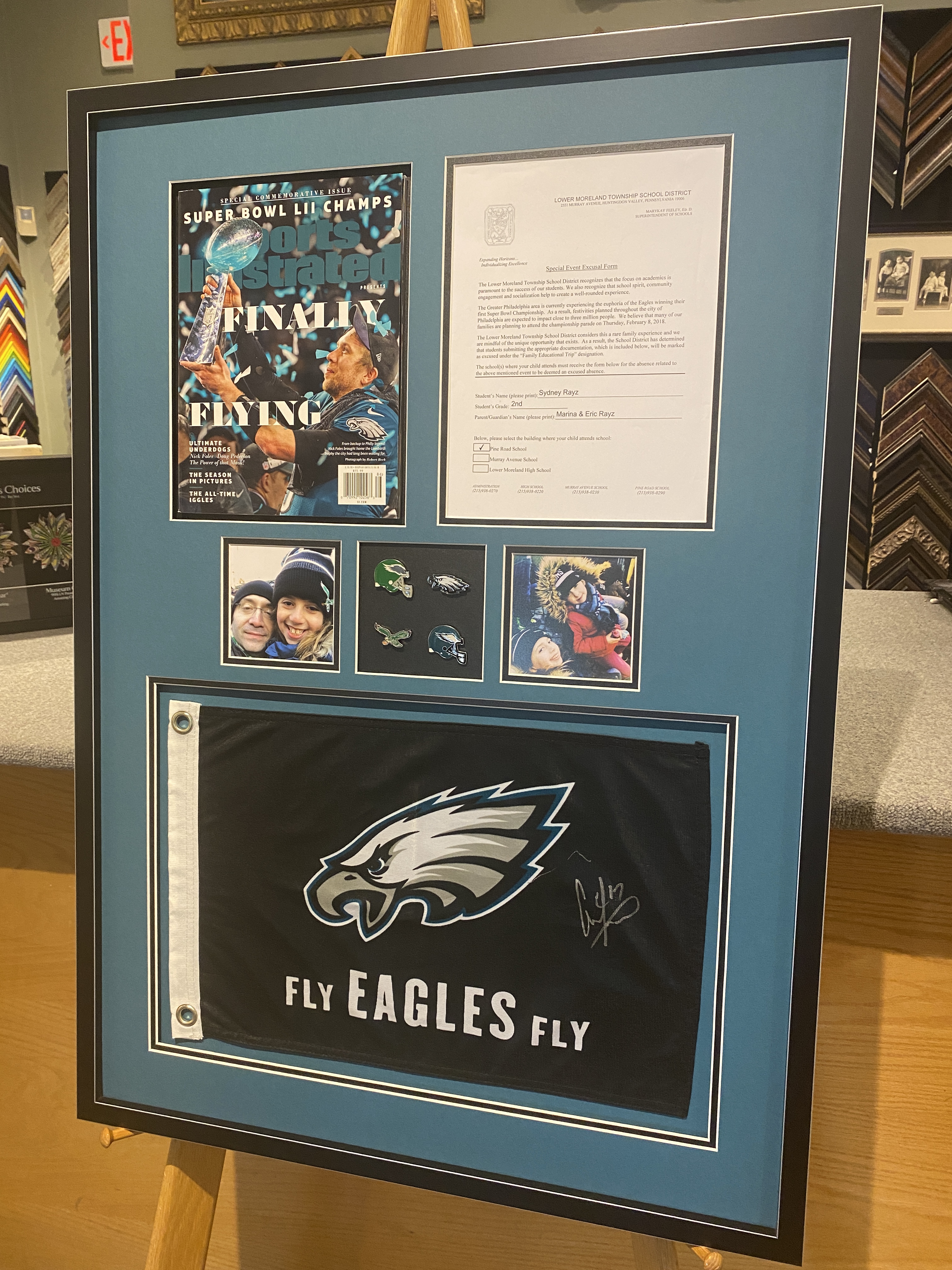 Eagles memorabilia from Super Bowl win in a custom shadowbox