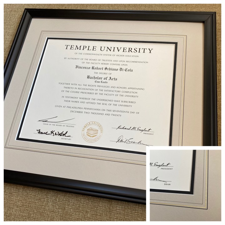 Temple University custom framed diploma