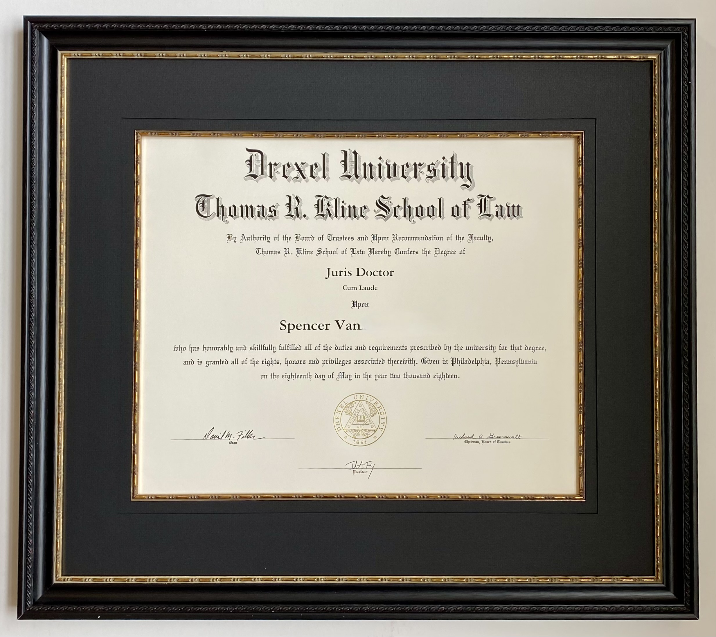 Drexel Diploma custom framed