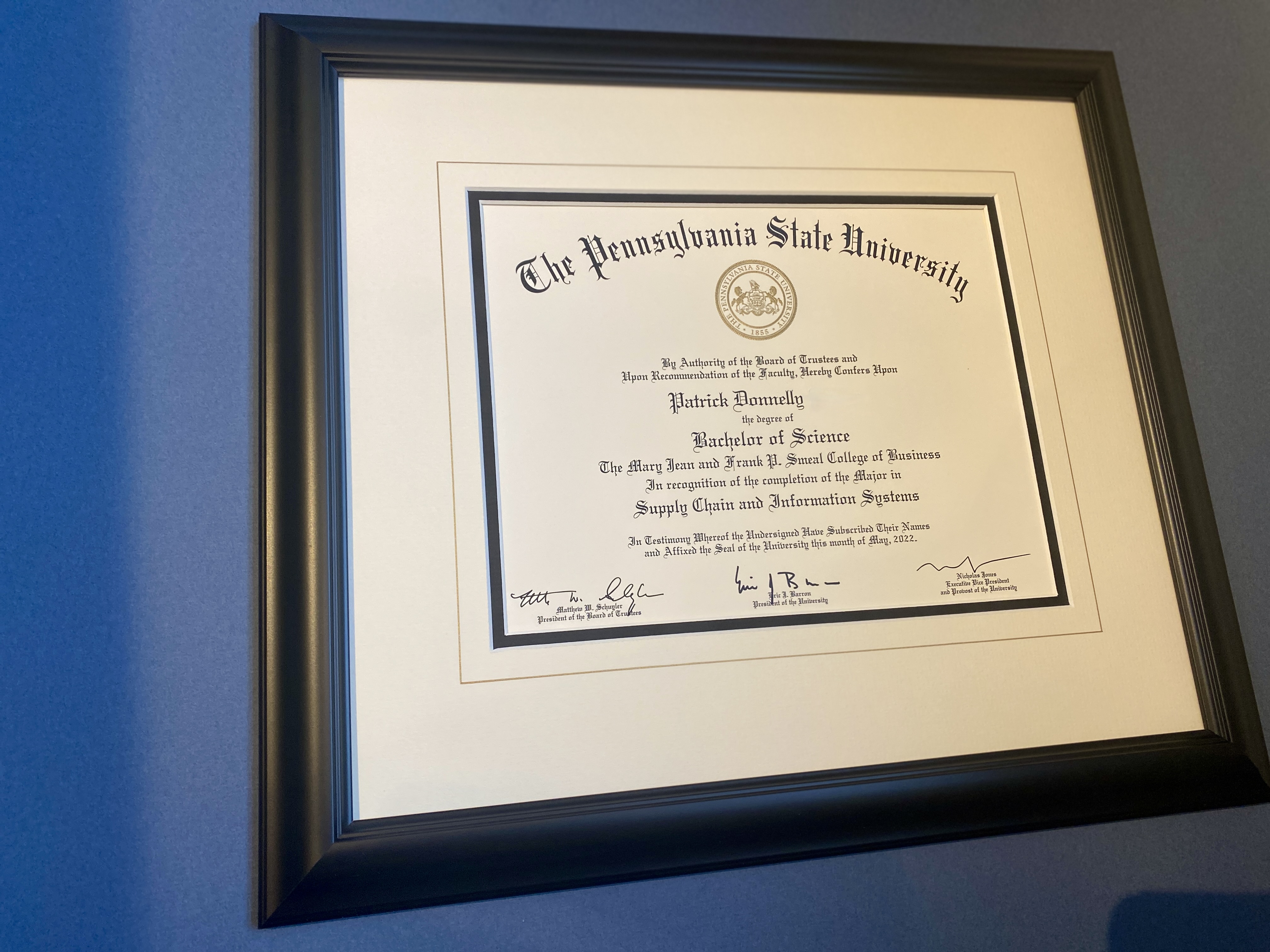 Penn State custom framed diploma