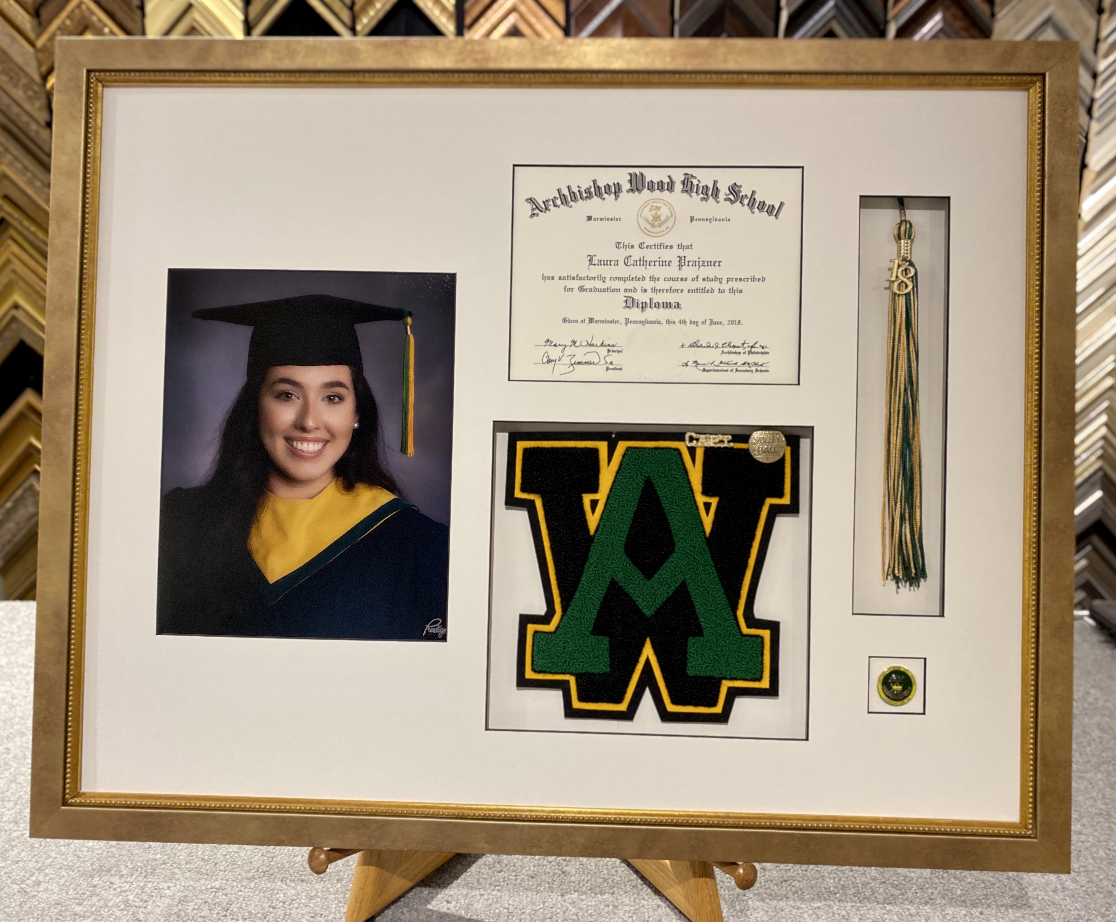 High School Diploma, Tassle, photo, varsity letter and pin custom framed