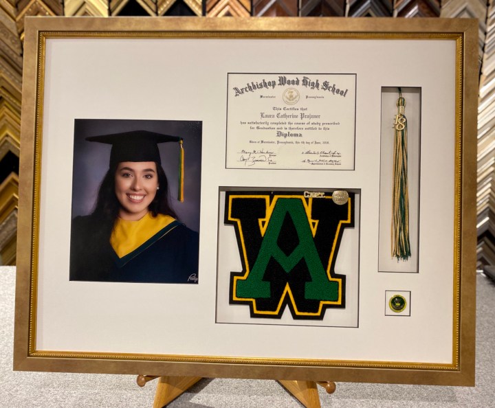High School Diploma, Tassle, photo, varsity letter and pin custom framed