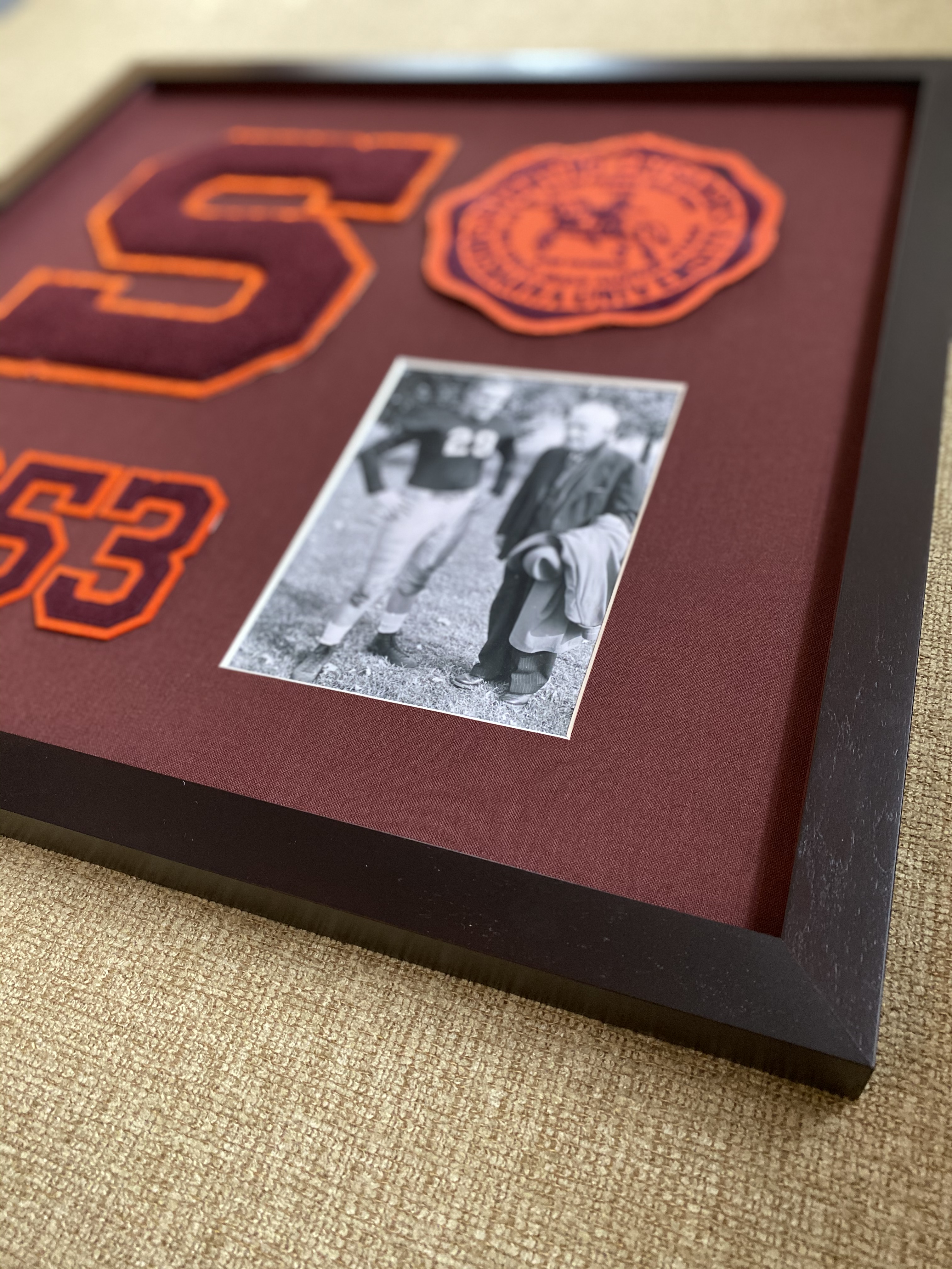 Custom framed Susquehanna University college letter and vintage football photo.